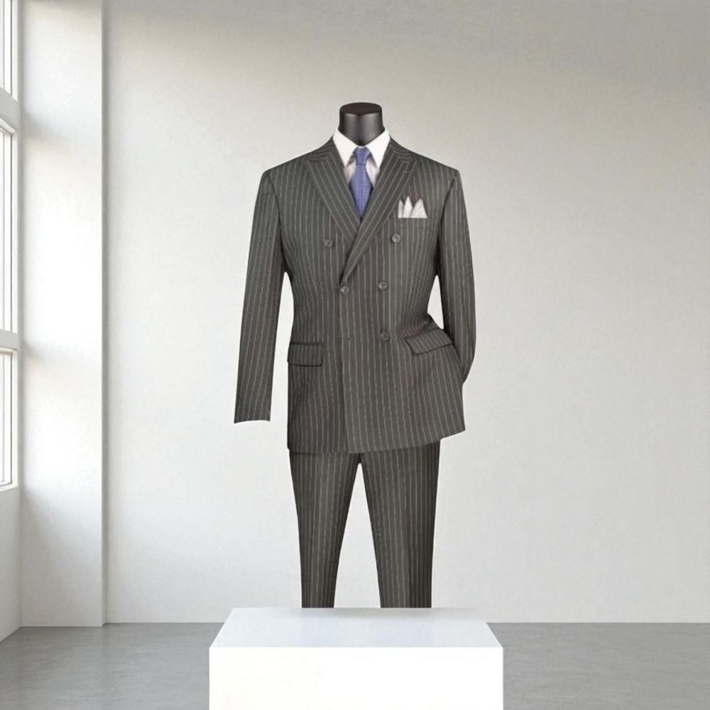 VINCI MENS 2 PIECE DOUBLE BREASTED PINSTRIPE SUIT W/ ADJUSTABLE WAISTBAND F-DSS
